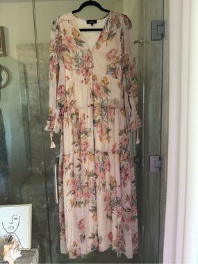 Aakaa Cream Maxi Dress with Pink & Green Floral Print
